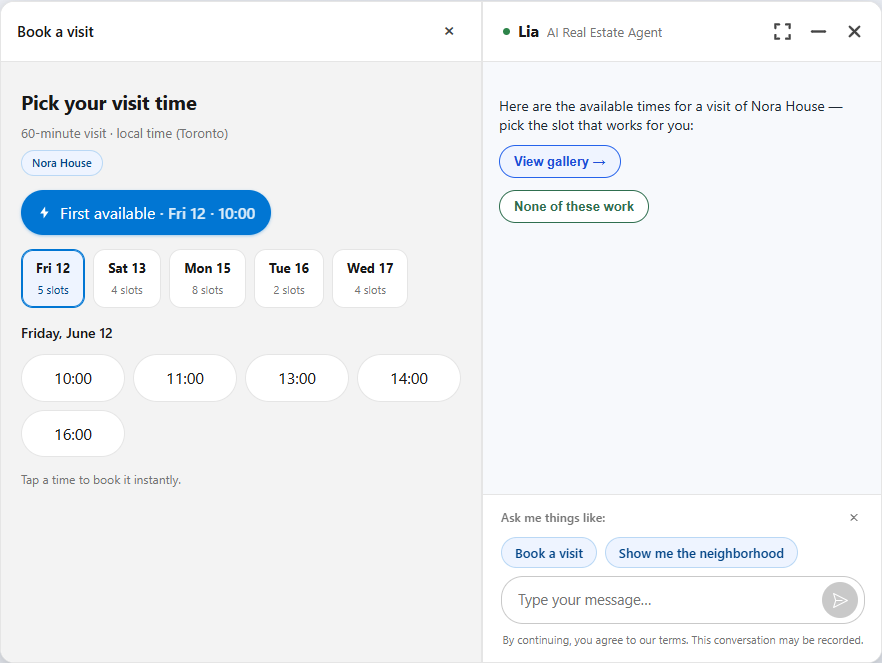 The agent's native booking widget — a live slot picker with real availability opens beside the conversation