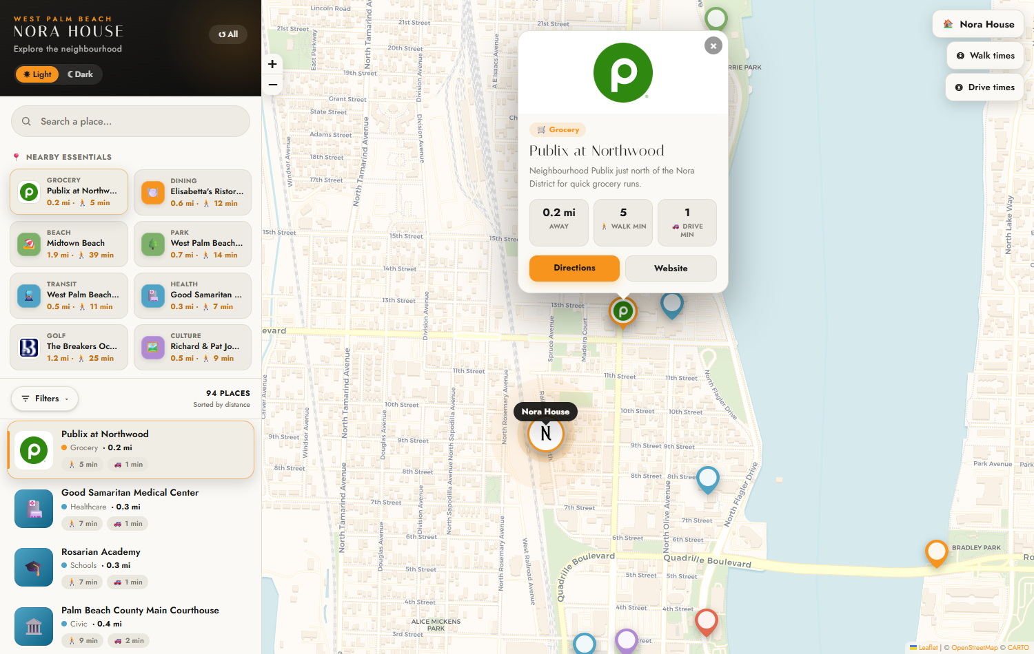 The real Nora House neighborhood map answering the nearest-grocery question — Publix at Northwood, 0.2 mi, 5-minute walk