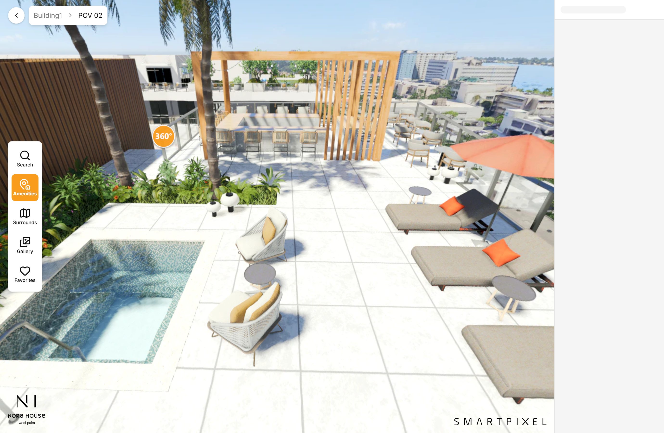 Standing on the Nora House pool deck inside the SmartPixel twin — plunge pool, loungers, pergola dining, and downtown West Palm Beach beyond