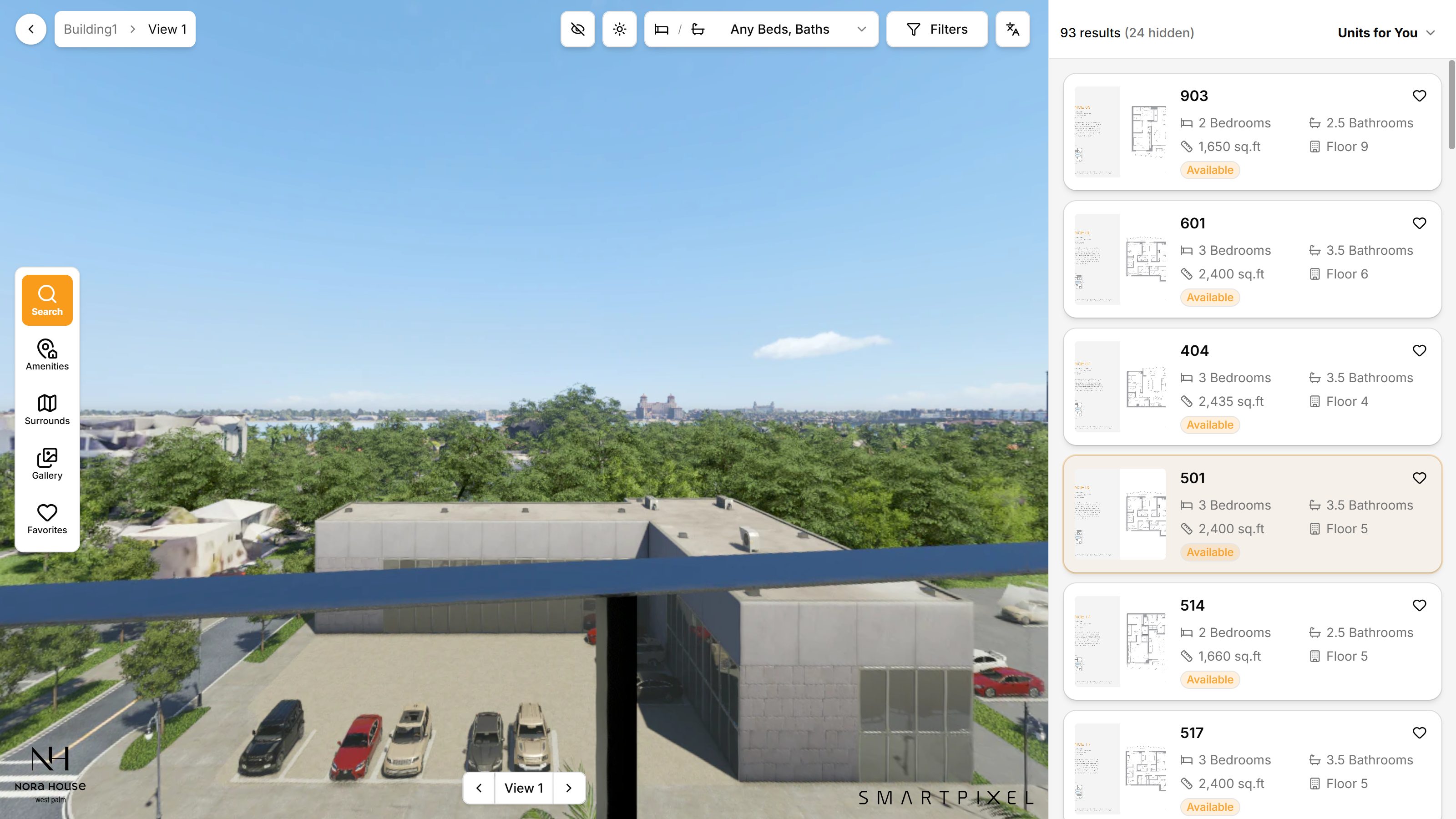 The real balcony outlook from Residence 501 opened in the SmartPixel twin — Floor 5, with the 501 unit card highlighted in the results rail