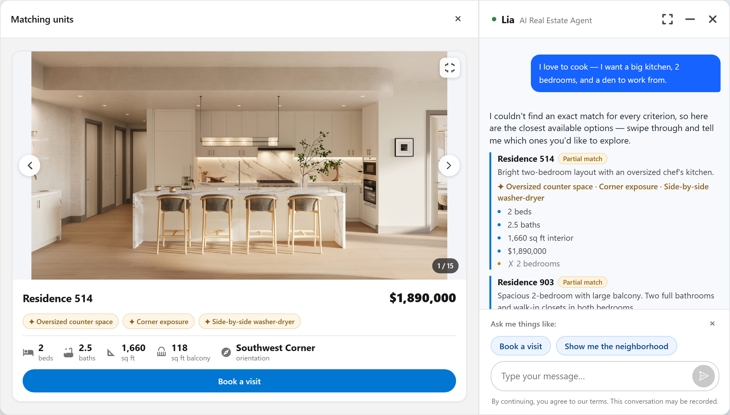 Unit questions answered with matching residences and buyer qualification